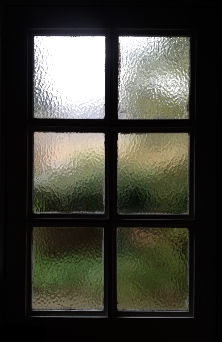 Photograph of a window with six panes of glass, taken from the inside of the building. The panes of glass are frosted so you can only just see the outline of greenery outside. 